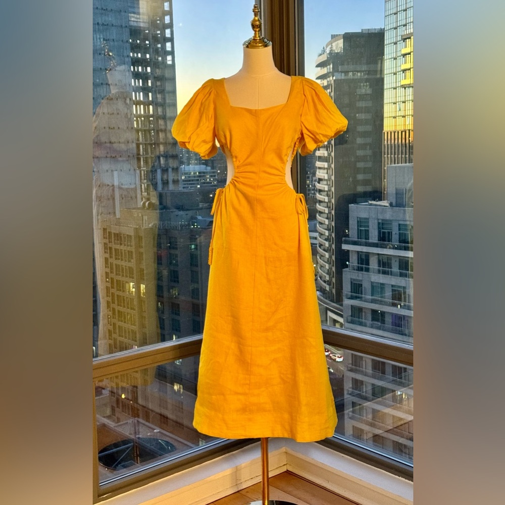 🆕 FARM Rio 🧿 NWOT Linen Cut Out Midi Dress, Yellow - Size XS - Picture 3 of 16